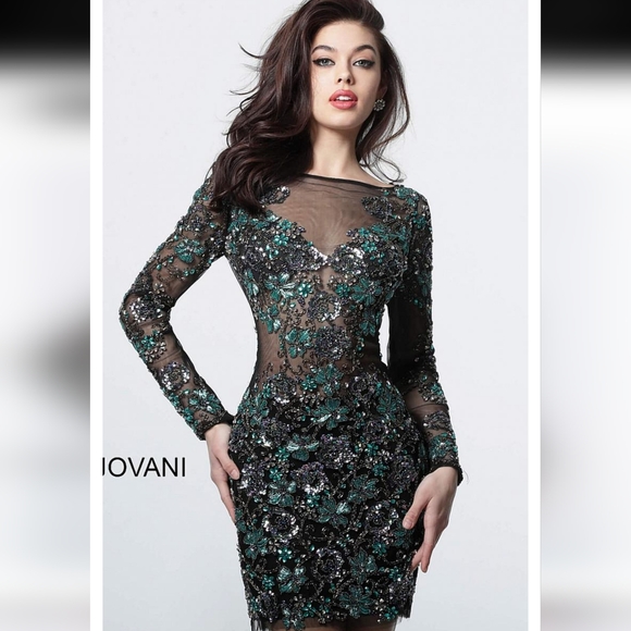 Jovani - 3011 Embellished Long Sleeve Fitted Dress - Picture 1 of 4